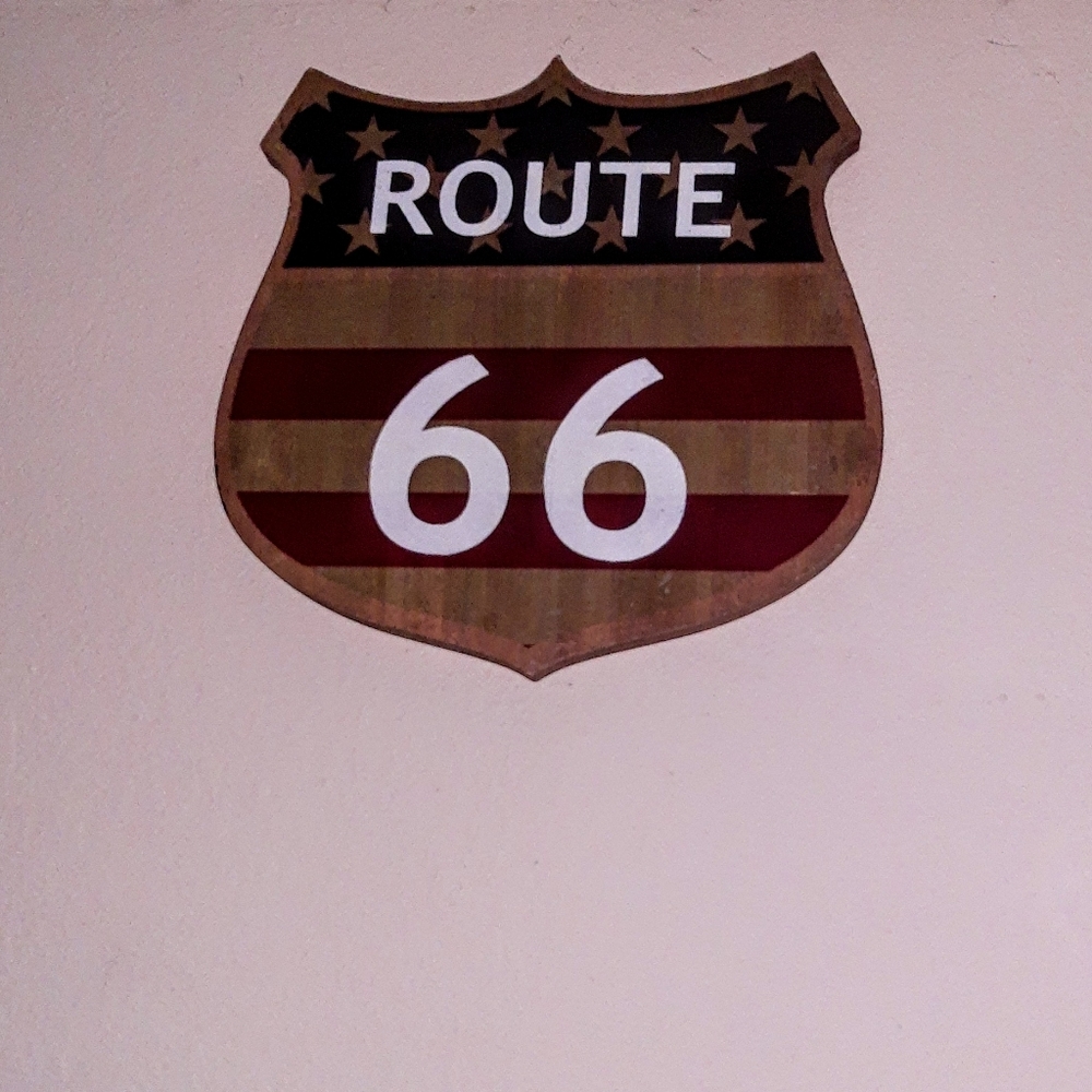 ROUTE 66/AMERICAN FLAG WOODEN SIGN